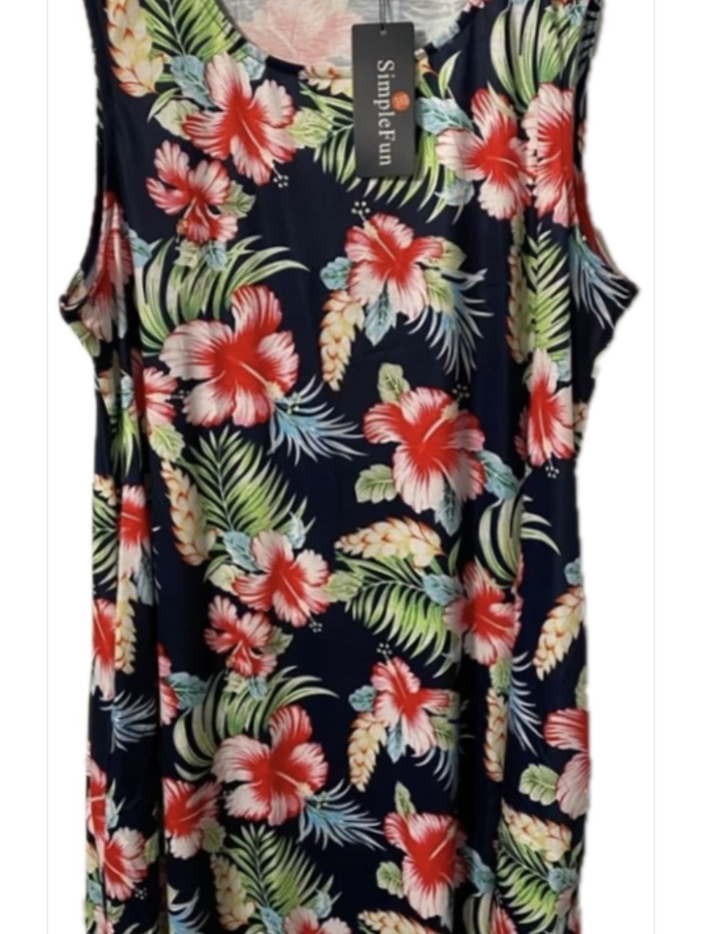 Simple Fun Navy Floral  Sleeveless Sundress with Red Hibiscus Print NWT